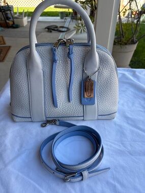 Coach White Pebbled Leather Bleeker Preston Satchel with Light Blue Edge paint